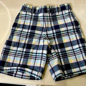 Boys blue plaid shorts with side and back pockets; adjustable waistband